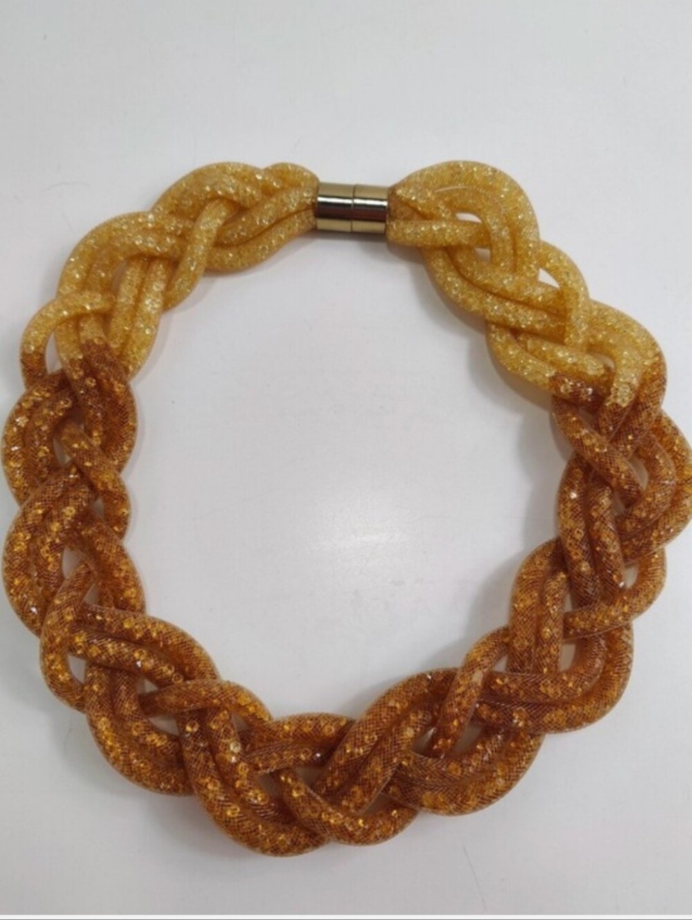 Chunky Braided Mesh Chain Necklace Champagne Bronze Gold Glitter Magnetic Clasp